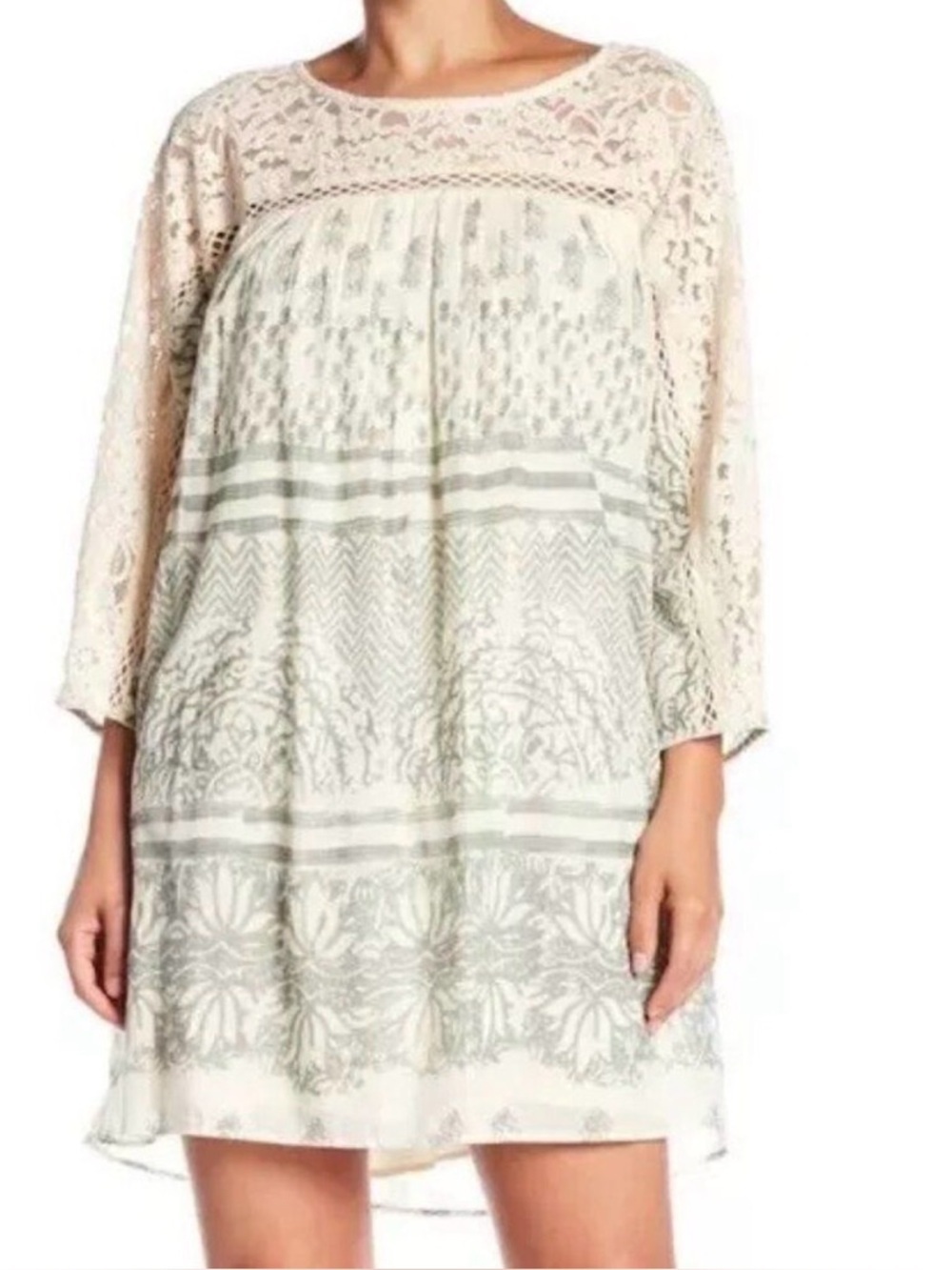 Free People Sun Daze NWT Sage Ivory Lace Panel Shift Printed Lined Tunic Dress S - Picture 6 of 8